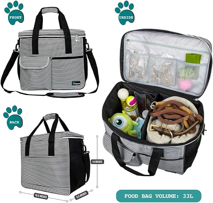 PetAmi Dog Travel Bag, Travel Pet Bag Organizer, Dog Food Travel Bag with Container Collapsible Bowls, Pet Travel Supplies Gift Accessories Weekend Camping, Puppy Cat Diaper Bag, Stripe Black Large