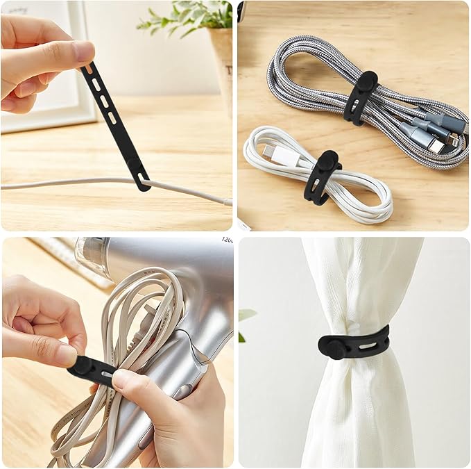 20 Pcs Black Silicone Cable Ties, Reusable Cable Straps Wire Organizer, Cable Management Cord Organizer for Fastening Earphone Phone Charger Home Office Desk Kitchen Appliances Cable Cords Wires