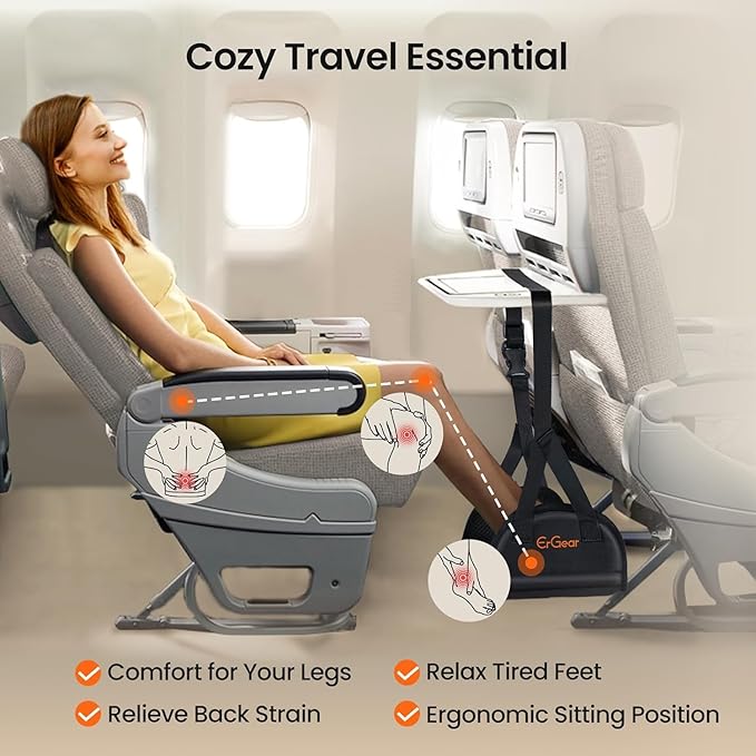 ErGear Airplane Foot Hammock with Wide Hardboard Support, Foot Hammock for Plane Travel with Extended Adjustment Strap, Portable Airplane Foot Rest Travel Essentials for Long Flight