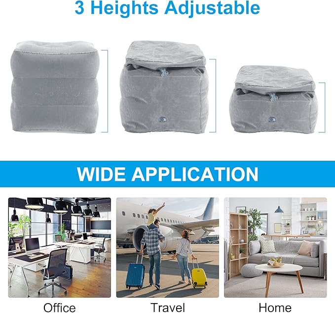 PATIKIL Travel Foot Rest Pillow, Inflatable Foot Rest Mat Adjustable 3 Layers Height Sleep Flights Leg Pillow for Airplane Train Office, Dark Gray
