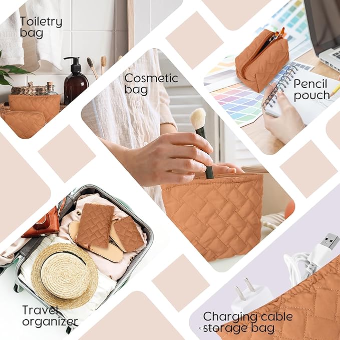 Huhumy 2 Pc Christmas Gift Makeup Bag Set Cute Quilted Cosmetic Pouch for Women Travel Toiletry Bag Preppy Small Makeup Purse Pouch Skincare Brushes Storage Organizer Pencil Case Set(Brown)