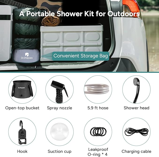 DR.PREPARE Portable Shower for Camping, Camping Shower with 4.5 Gallons Foldable Bucket, USB Rechargeable Battery, 2 Shower Heads, Outdoor Camp Showers for Hiking, Travel, Climbing, Pet Cleaning