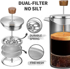 French Press Coffee Maker, 34oz Stainless Steel Coffee Press Real Wood Handle, Double Wall Insulated French Coffee Press with Dual-Filter Screen, Perfect for Camping & Kitchen Use