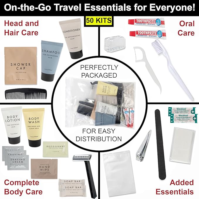 Trail maker (50 Pack) Bulk Hygiene Kits, 25 Piece Toiletry Kits for Homeless Care, Travel Hygiene Packs, Personal Care Supplies for Men & Women (50 Kits)