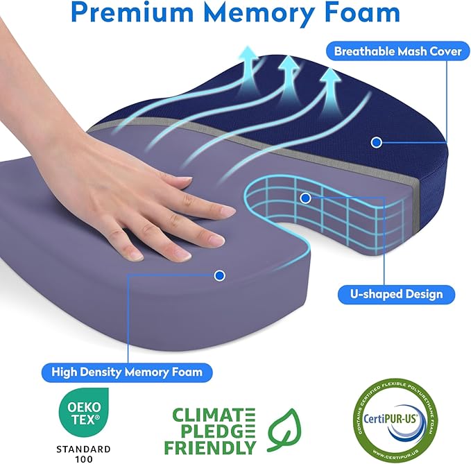 CushZone Seat Cushion, Office Chair Cushions, Car Seat Cushion, Non-Slip Sciatica & Back Coccyx Pain Relief Chair Pad, Memory Foam Pillow for Computer Desk, Wheelchair, Driving Large Size (Blue)
