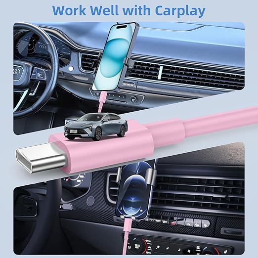 Car Carplay for iPhone 17 16 15 Charger Cord, 2Pack [3FT+6FT] USB A to USB C Charging Cable for Apple 17 Air/16 15 Pro/Pro Max/Plus Type C Cord, for iPad Pro 12.9/11, for Android(Pink)