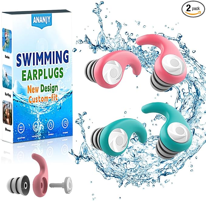 Waterproof Swimming Ear Plugs for Adults - 2 Pairs of Reusable Soft Silicone Swim Earplugs,Perfect for Surfing, Diving,Pool,Showering and Other Water Sports - Keep Water Out and Ear Protection