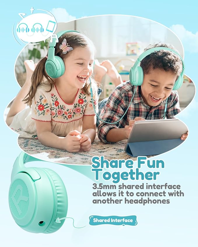 awatrue Kids Headphones for School Travel, 85/94dB Safe Volume Limit, 3.5mm Jack, HD Mic, Portable Wired Headphone with Shareport, Stereo Sound On-Ear Headphones for Toddler Kids Girls Boys Green