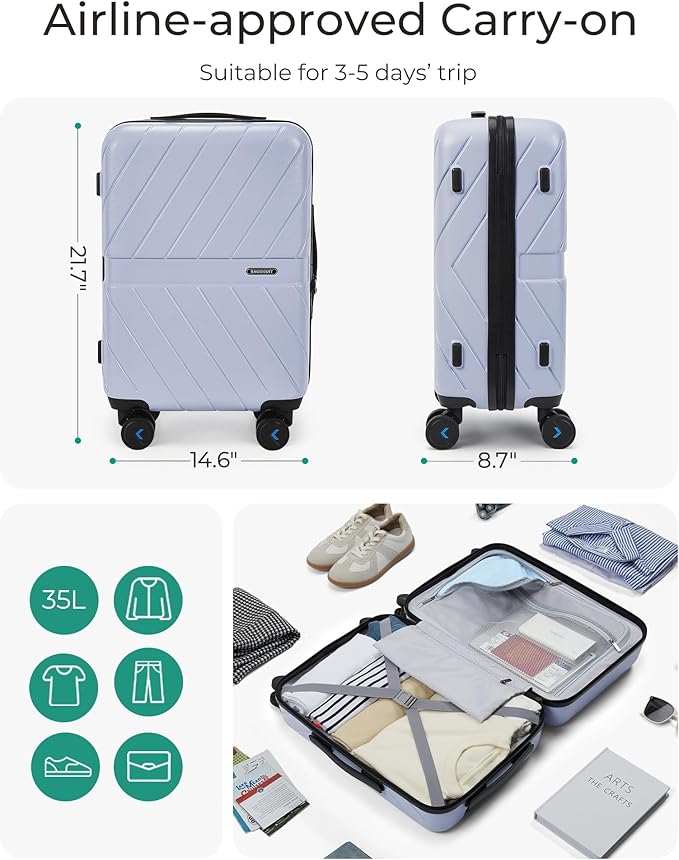 BAGSMART Carry On Luggage 22x14x9 Airline Approved, 20 Inch Lightweight Carry On Suitcase, Hard Shell Luggage with Spinner Wheels, 20 Inch Rolling Suitcases, Purple