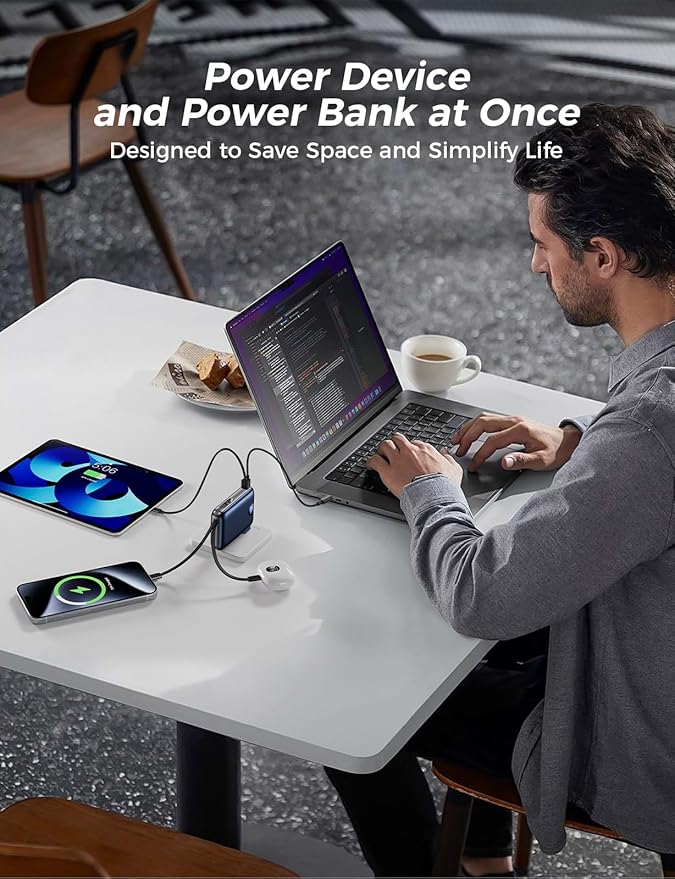 Portable Charger with Built-in Cables & Wall Plug, 10000mAh Power Bank, 4 Outputs 22.5W USB C Fast Charging, Slim Travel Battery Pack with LED Display for iPhone 17/16/15/14, DarkBlue