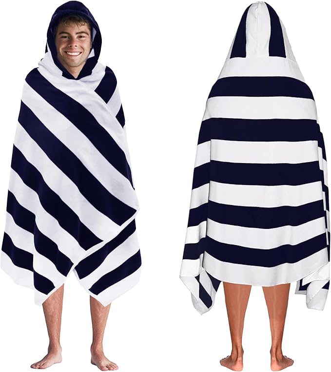 COTTON CRAFT Hooded Beach Towel – Oversized 35 x 70 Towel with Hood for Adults - 100% Cotton Velour Dobby Terry Towel - 450 GSM Pool Bath Wrap - Soft Absorbent Quick Dry – Cabana Stripe Navy