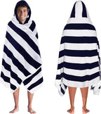 COTTON CRAFT Hooded Beach Towel – Oversized 35 x 70 Towel with Hood for Adults - 100% Cotton Velour Dobby Terry Towel - 450 GSM Pool Bath Wrap - Soft Absorbent Quick Dry – Cabana Stripe Navy