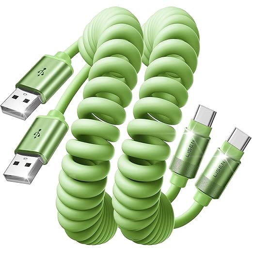 LISEN Coiled USB C Cable, 2 Pack for Android Auto & CarPlay Cable, Short USB A to USB C Cable Compatible with iPhone 17/16/15, Samsung Galaxy S25/S24/S23 A15/A14, Google Pixel 9/8, Green 4FT