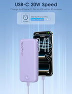 Nusyddy Portable Charger, 10000mAh PD20W Fast Charging Power Bank with Built-in Cables & Wall Plug, Travel Essential External Battery Pack, USB C Battery Phone Charger for iPhone, iPad, Samsung Purple
