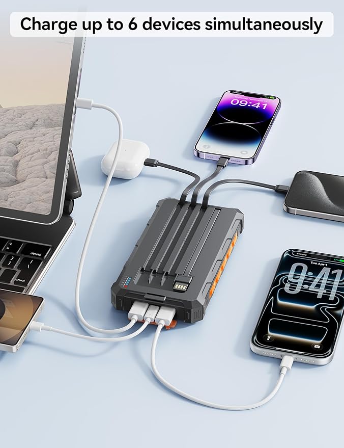 Solar-Charger-Power-Bank - 20000mah Solar Powered Battery Charger Cell Phone,20W Fast Charging Built in Cables,Camping Essentials Portable External Battery Pack Compatible with Multiple Devices