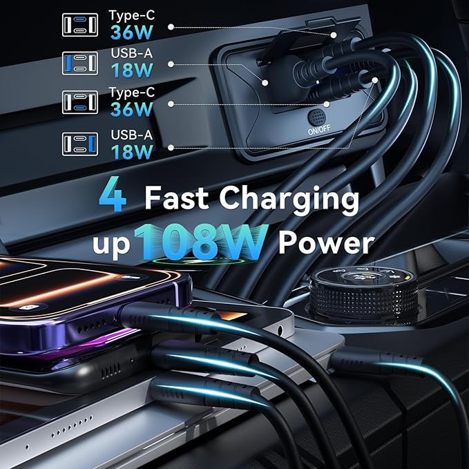 108W 4 Ports 12V RV USB Switch Outlet Voltmeter, 2*36W PD3.0 Type-C + 2*18W QC3.0 Quick Charge Panel Wall Mount Car Charger Socket Waterproof Multi-Port Adapter for Marine Truck Boat ATV Bus