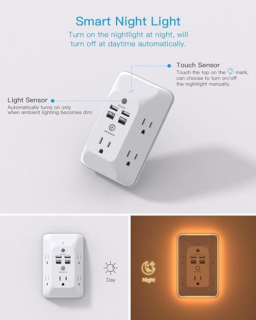 Multi Plug Outlet, HANYCONY Outlet Extender with 4 USB Ports (2 USB C) and Night Light, 1050J Surge Protector, Wall Mount, Outlet Splitter for Bathroom Kicthen Camper Dorm Room Essentials