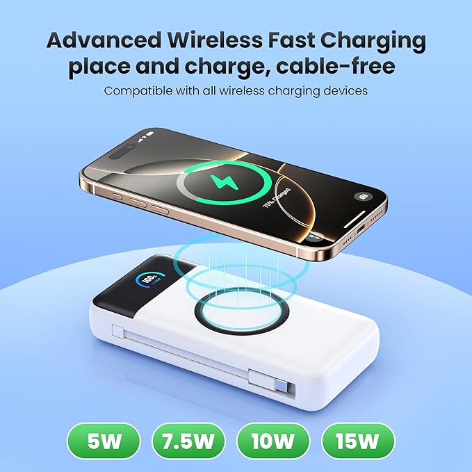 YHO Wireless Portable Charger 40800mAh for iPhone with Built-in Cables, 15W Wireless Charging USB C Power Bank,25W PD Fast Charging Travel Essential Battery Pack for iPhone 17/16/15,Android-White