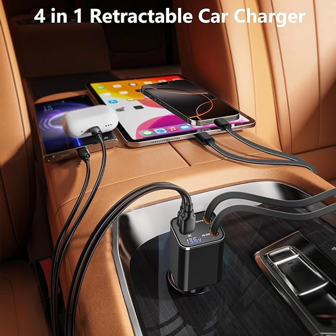[Apple MFi Certified] Retractable Car Charger, Linocell 120W USB C Car Charger 4 in 1 PD/QC Type C Fast Charging Cigarette Lighter Adapter for iPhone 17/17 Pro Max/16/15/14/13/12/Galaxy S26/S25/Pixel