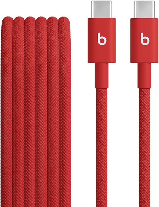 Beats USB-C to USB-C Woven Cable Fast Charging Durable/Tangle-Free Compatible Charger for Apple & Android Devices (1.5 m, 5 ft) - Rapid Red
