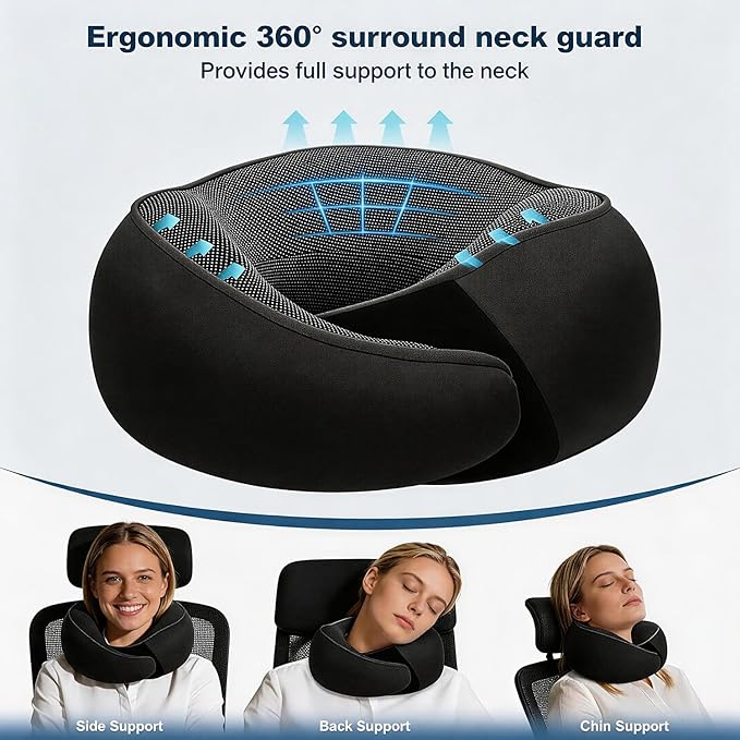 Ergonomic Airplane Pillow and Airplane Foot Hammock, Ultra Portable Neck Pillow with 360° Head Support, Portable Travel Foot Rest with Adjustable Strap, Includes Eye Mask & Ear Plugs, for Flight, Car