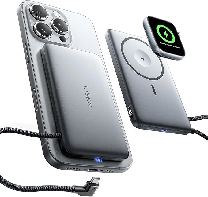 LISEN 0.5'' Ultra Slim MagSafe Power Bank for iPhone and Apple Watch,10000mAh MagSafe Battery Pack,Alloy Magnetic Portable Charger for iPhone 16 Pro Max Plus/15, Apple Watch S11 /S10 S9 SE，Grey