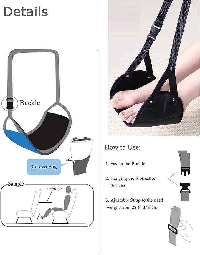 2 Pack Foot Hammock for Plane Travel, Airplane Travel Footrest Hammocks Adjustable Length Hanger for Comfortable Foot Rest, Portable Under Desk Flight Foot Leg Sling