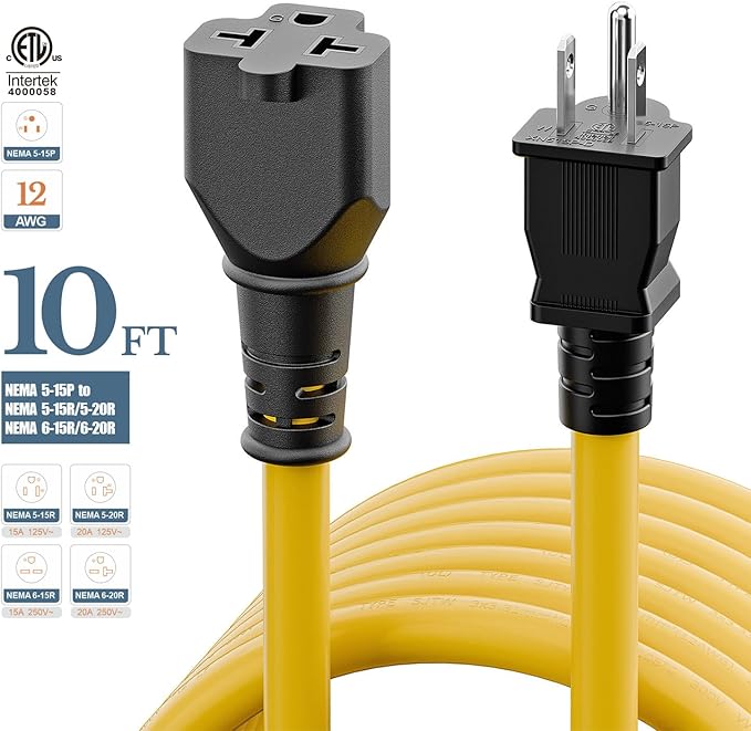 4 in1 NEMA 5-15P Extension Cord, Winxus 10FT NEMA 5-15P to 5-15R, 5-20R, 6-15R, 6-20R Adapter Cord, 15A to 20A AC Adapter Cable, 10FT 3 Prong Extension Cords