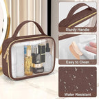 Wedama Clear Toiletry Bag, 2 Pack Clear Makeup Bags with Handles, Large Travel Bags PVC Cosmetic Bag for Women and Men, Carry on Airport Airline Compliant Bag, Brown