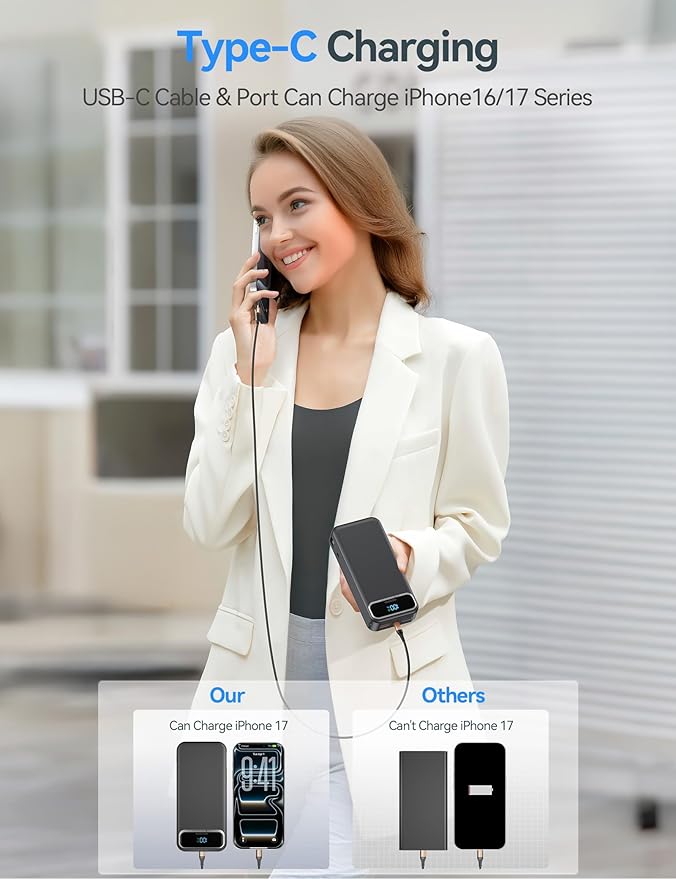 20000mAh Lightweight-Portable-Charger-Power-Bank with Built-in Cables and AC Wall Plug, PD20W USB-C Fast Charging Battery Pack, LED Display External Travel Phone Charger for All iPhone,Samsung,Android