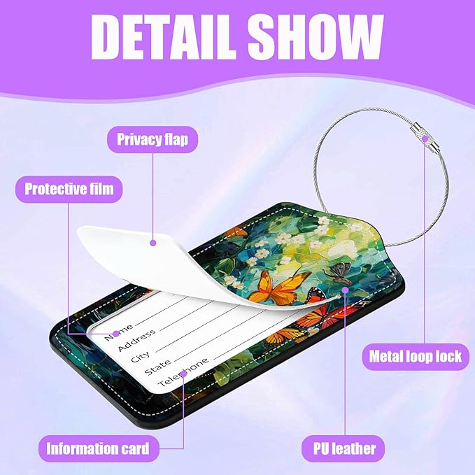 3 Pack Colorful Butterfly Leaves Luggage Tags for Suitcase Flowers PU Leather Travel Luggage Tag Privacy Cover ID Label for Women Men Baggage Backpack Handbag School Bag