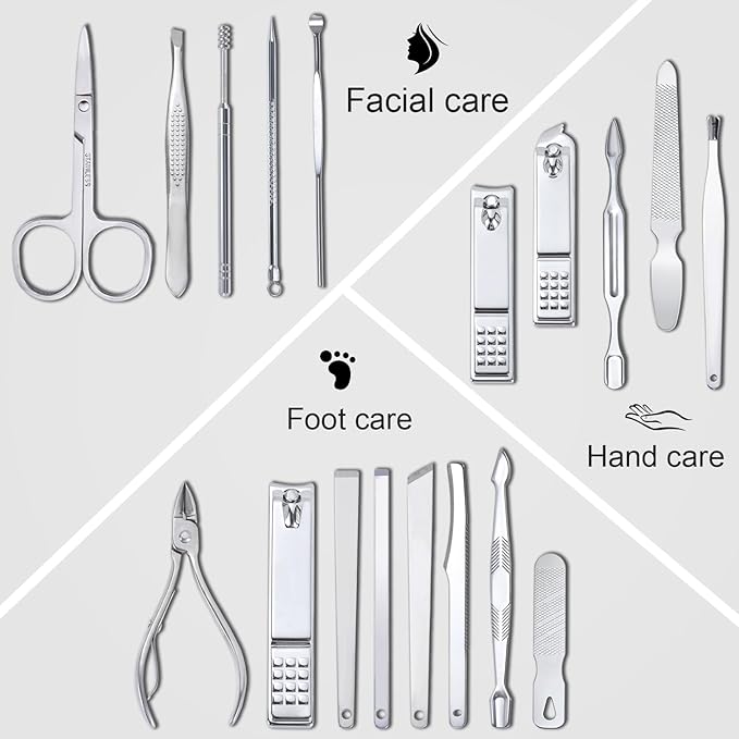 Yougai Nail Clippers Set - 18 Pcs Professional Manicure Pedicure Kit for Men Women, Stainless Steel Fingernail Toenail Clippers Cutters, Nail Care Grooming Tools with Leather Travel Case