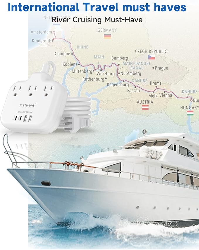 Italy Travel Plug Adapter with 3FT Extension Cord, meta-ant Italy Power Adapter with 3 American Outlets 4 USB Ports(2 USB-C), Type L Adapter for US to Italy Chile Ethiopia Libya Syria Tunisia Uruguay