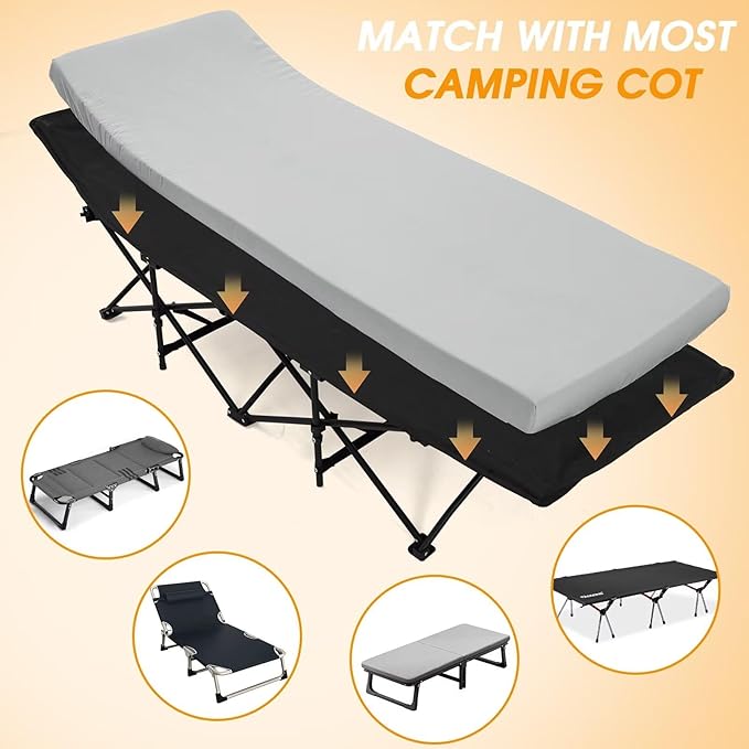 CYMULA Camping Cot Mattress 2in Memory Foam Sleeping Pad,Soft Warm Non-Slip Camping Mattress Topper with Retaining for Adults,Portable Roll up Pad for Travel（only Mattress）