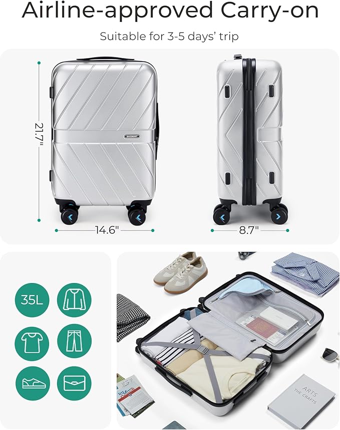BAGSMART Carry On Luggage 22x14x9 Airline Approved With TSA Lock, 1OO% Polycarbonate Hardside Luggage with Spinner Wheels,Durable Hard Shell Carry On Suitcase 20 inch Silver