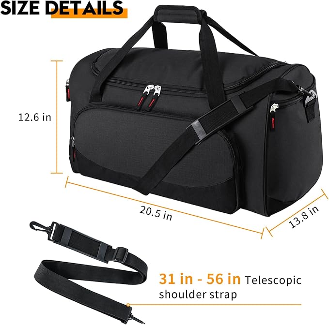 Uarition Gym Bag for Men - 55L Black Durable Large Duffle Bag for Travel, Workout, Fitness & Sport