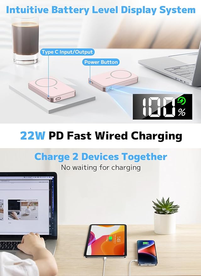 golioklsy for Magsafe Portable Charger,10000mAh Power Bank with Type-C 20W PD Fast Charging, Lightweight and Slim, LED Display for Magsafe Battery Pack for iPhone 17/16/15/14 All Series, Pink