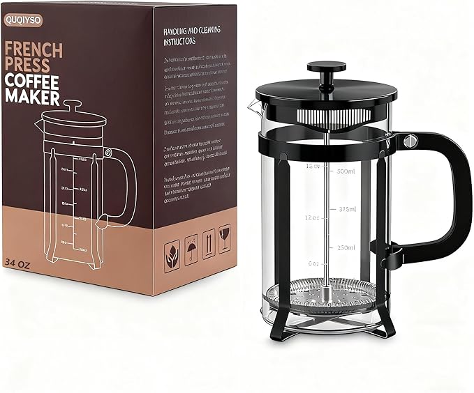 QUQIYSO French Press Coffee Maker 304 Stainless Steel French Press with 4 Filter, Heat Resistant Durable, Easy to Clean, Borosilicate Glass Coffee Press, 100% BPA Free Glass Teapot,34 ounce, Black