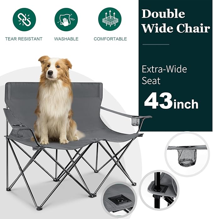 Leonyo Double Camping Chair, Loveseat Camping Chair with Folding Table, 2 Person Outdoor Folding Beach Chairs for Adults, Cup Holders & Carry Bag for Outside Travel, Supports 500lbs, Grey