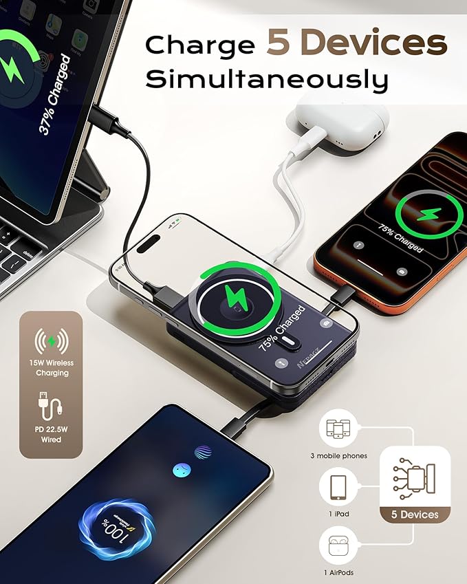 for Magsafe Portable Charger, 10000mAh Magnetic Power Bank with Foldable Stand, PD 22.5W Fast Charging with USB-C Cable, Wireless Portable Charger for iPhone 17/16/15/14/13/12 Series, Blue