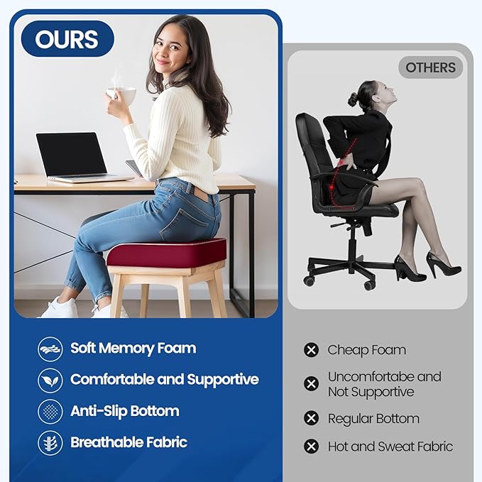 SweetSlubr Seat Cushion for Tailbone Pain Relief, Office Chair Cushion, Memory Foam Large Chair Cushion with Non-Slip Cover for Soft Support at Office Chair, Car Seat, Airplane Red/X-Large