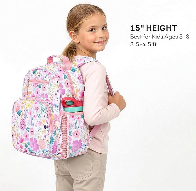 mibasies Kids Backpack for Girls: Girls Backpack 5-8 - Kindergarten Elementary School Bookbag for Girl - Flower Pink
