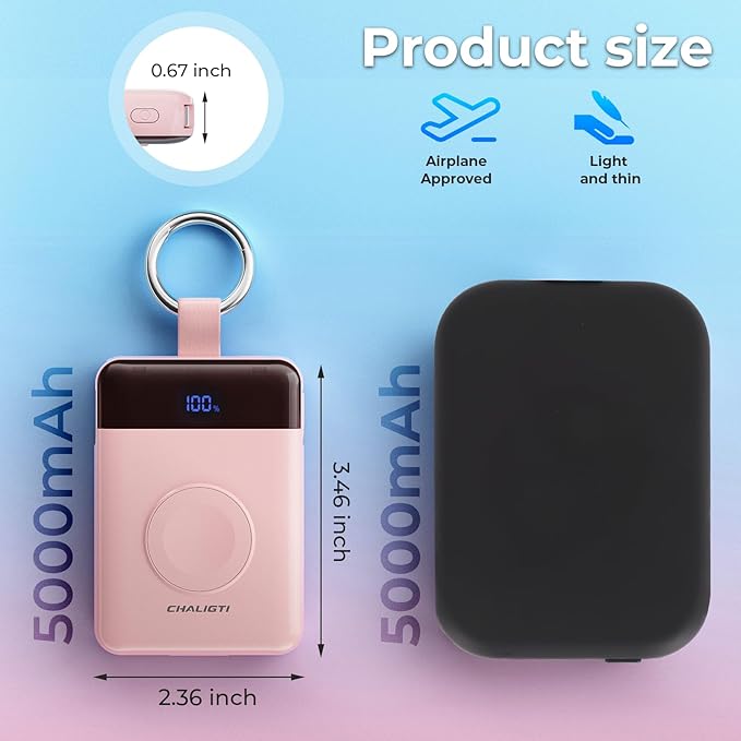 Portable Charger,5000mAh PD 20W Super Fast Charging Power Bank with Built-in Cables,Travel Keychain Battery Pack for Apple Watch Ultra/11/10/9/8/7/6/SE,iPhone 17/16/15/14/13/12 (Pink)