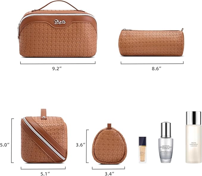BOYATU Travel Makeup Bag Cosmetic Bags for Women: Large Capacity 3 Pcs Set Make up Bag with Compartments - Waterproof Vegan Leather Toiletry Organizer Bags with Handle (L53Brown)