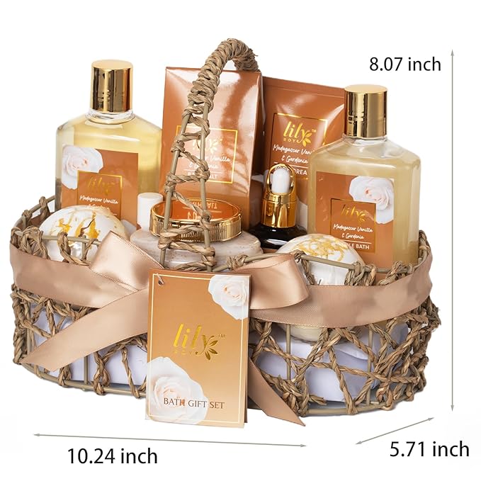 Mothers Day Gift Basket for Mom, Gifts for Women - 10-Piece Vanilla Bath and Body Gift Set for Women, Spa Gift Basket for Women, Spa Kit, Self Care Kit | Gifts for Valentines Day, Birthday, Christmas