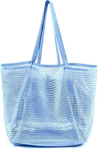 HOHOM Beach Bags for Women, Summer Travel Mesh Tote Bag with Large Inner Pocket, Sandproof Woven Shoulder Handbag
