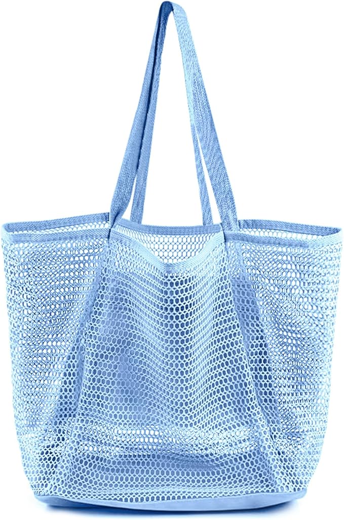 HOHOM Beach Bags for Women, Summer Travel Mesh Tote Bag with Large Inner Pocket, Sandproof Woven Shoulder Handbag