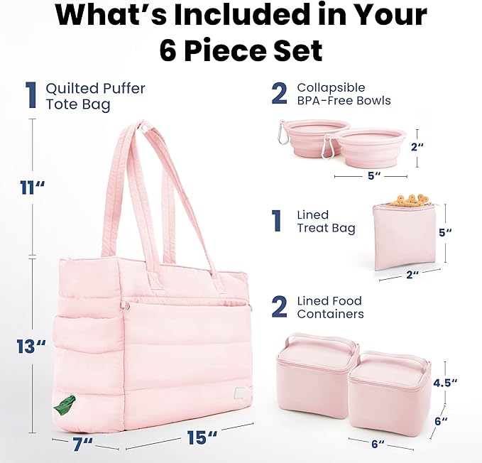 rubyloo Puffer Dog Travel Bag for Dog Moms – Doggy Diaper Bag with Pet Bowls & Food Storage or Everyday Puffy Tote – Doggy Mom Gifts for Women – Lightweight, Travel-Ready Gift for Pet Lovers - Pink