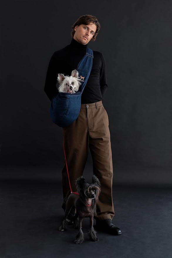 Noah & Paw Dog Sling Carrier for Small Dogs 3-10lb, Dog Sling for Small Dogs and Cats, Dog Carrier with Adjustable Padded Strap, Vegan Denim Lined with Fur, 3X Safety Features, Machine Washable