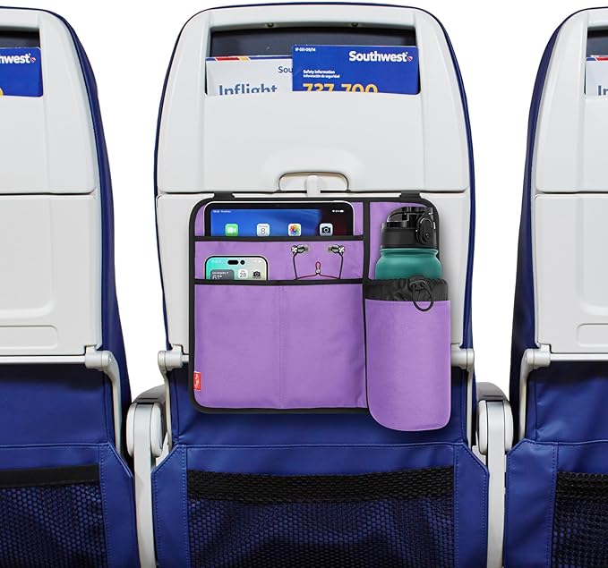 Airplane Seat Back Organizer & Storage, Airplane Tray Table Cover for Personal Items, Airline Seat Hanging Pockets Media Pouch,Reusable Travel Essentials,Fits Tablets,Cell Phone,Water Bottle (Purple)